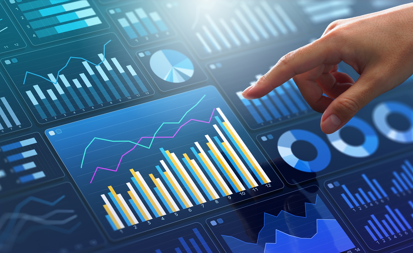 Data analytics dashboard of business marketing or finance. Analyst touching growth graph.