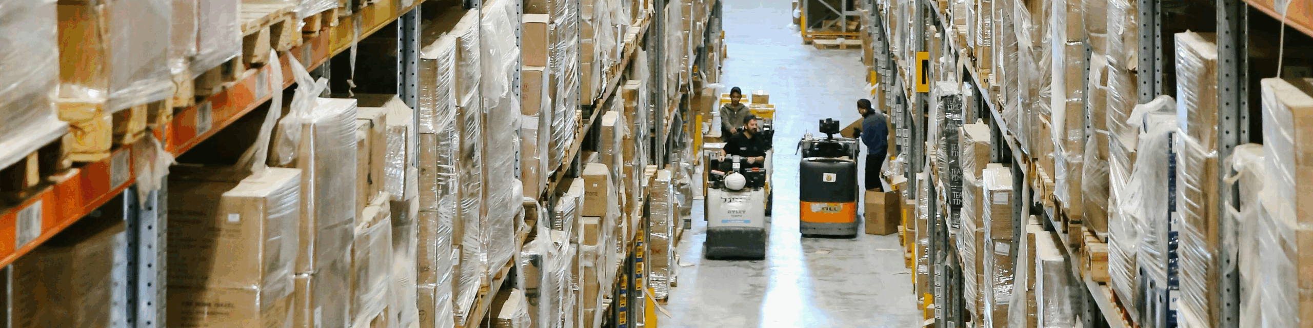 A pair of forklifts in a warehouse aisle